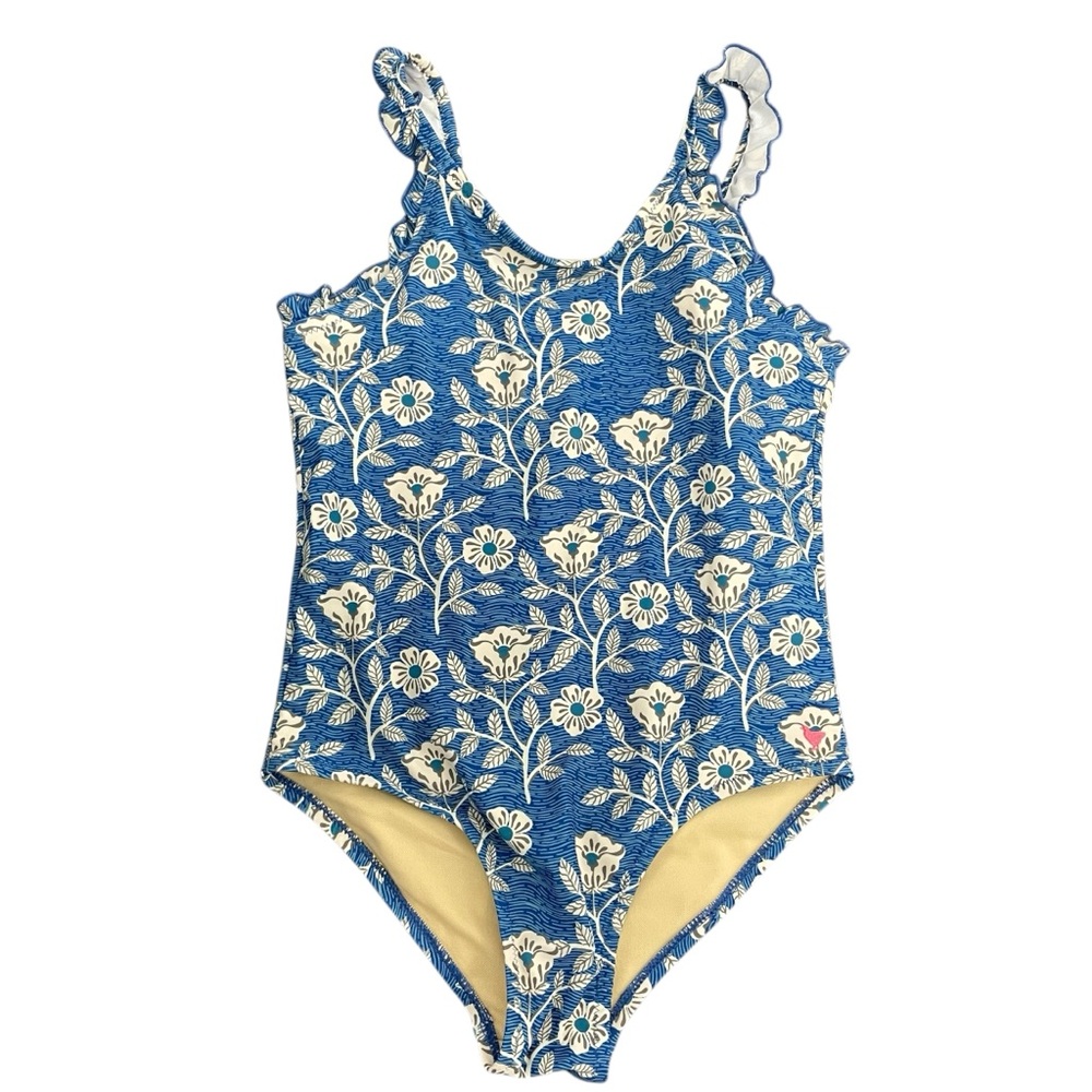 Pink Chicken Blue Floral Ruffle-Strap One-Piece Swimsuit 8Y